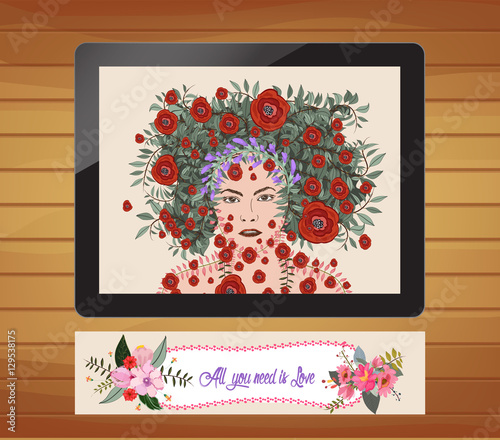 Valentines day card with girl floral background