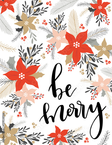 Christmas Greeting Card with lettering and florals. Merry Christmas calligraphy. Template for New 2018 Year Cards, Scrapbooking, Stickers, Planner, Invitations.
