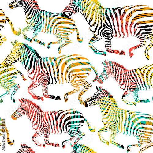 Zebra tropic animal in the jungle on colorful painting hand drawn background. Print seamless vector pattern in fashion styles 