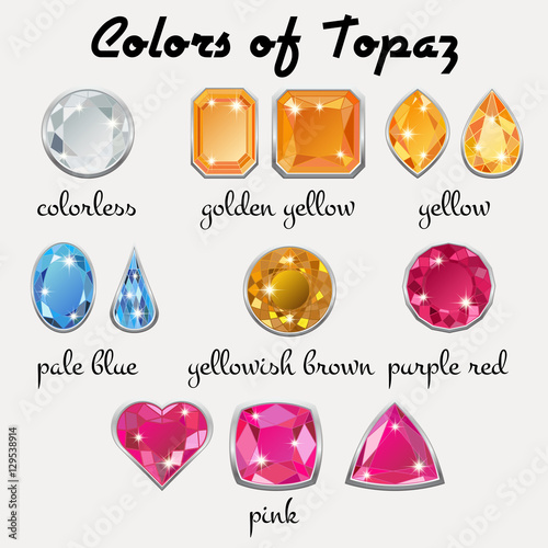 Set of crystals in different types of cuts of precious stone Topaz in realistic shapes in natural tints of different colors with silver edging. Vector illustration