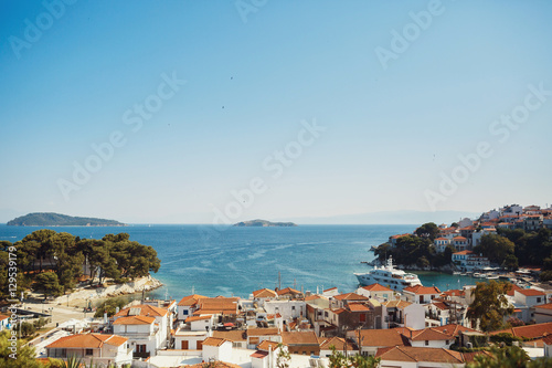 Sea spreads before beautiful Greek city