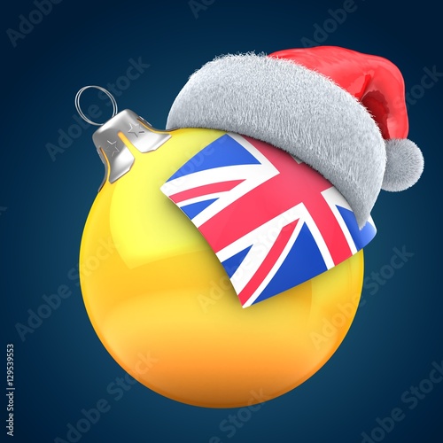 3d illustration of orange Christmass ball over dark blue background with UK flag and Christmas hat