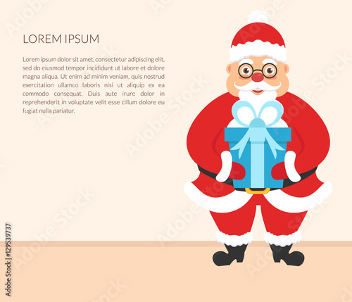 Christmas banner.Cute character Santa Claus with gift. Your text. Happy new year and Christmas.