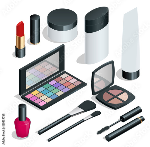 Make up. Hand drawn cosmetics set. Nail polish, mascara, lipstick, eye shadows, brush, powder, lip gloss. Flat 3d vector isometric illustration. For infographics and design