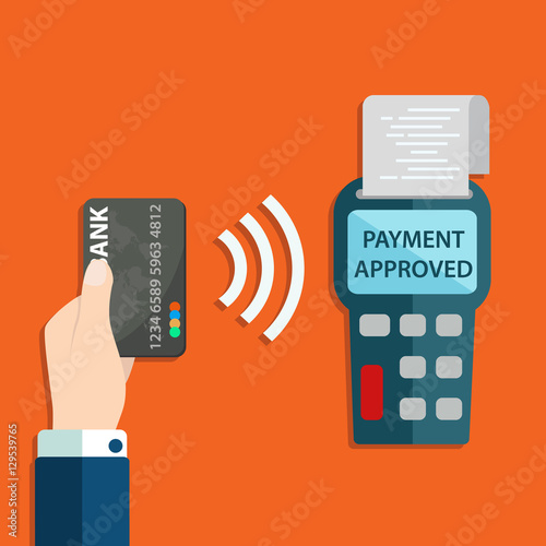 Pos terminal confirms the payment by debit credit card. Vector illustration in flat design. nfc payments concept