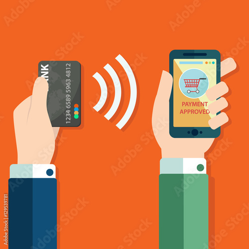 Pos terminal confirms the payment by debit credit card. Vector illustration in flat design. nfc payments concept.