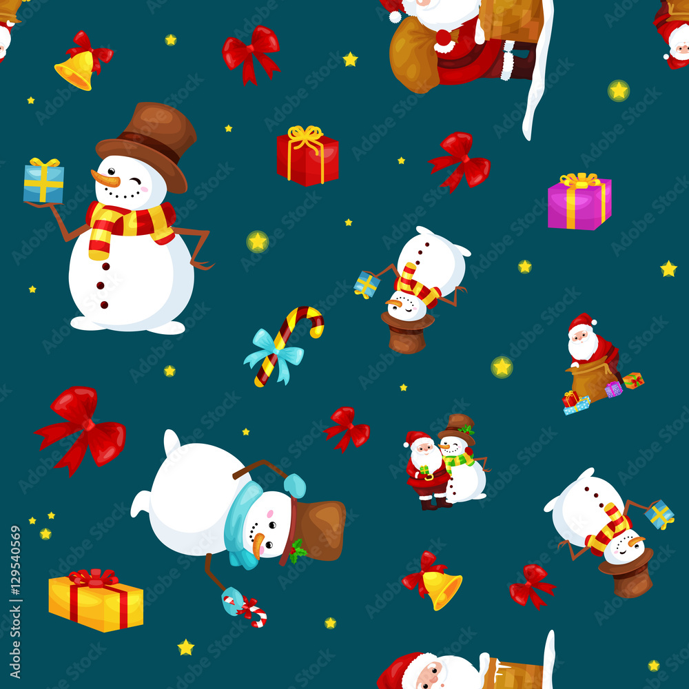 Merry Christmas and Happy New Year Friends Santa Claus in hat snowman in scarf celebrate xmas, snowfall from snowflakes vector illustration Merry Christmas and Happy New Year Friends Santa Claus in hat snowman in scarf celebrate xmas, snowfall from snowflakes vector illustration