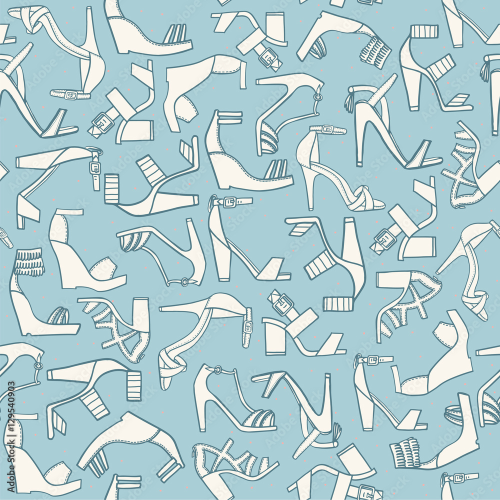 Seamless fashion pattern on light blue background. Lots of various flat doodle sandals on high cone or platform heels. Beautiful footwear, hand drawn, good for wrapping paper and other design. Seamless fashion pattern on light blue background. Lots of various flat doodle sandals on high cone or platform heels. Beautiful footwear, hand drawn, good for wrapping paper and other design.