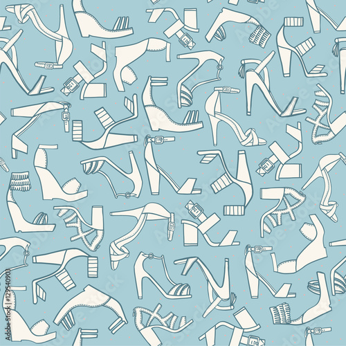 Seamless fashion pattern on light blue background. Lots of various flat doodle sandals on high cone or platform heels. Beautiful footwear  hand drawn  good for wrapping paper and other design.