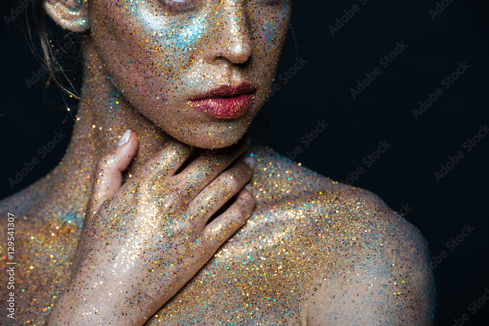 Closeup of attractive young woman with bright shining makeup Closeup of attractive young woman with bright shining makeup