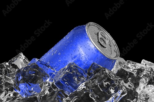 Blue drink can on the ice bed 3D illustration