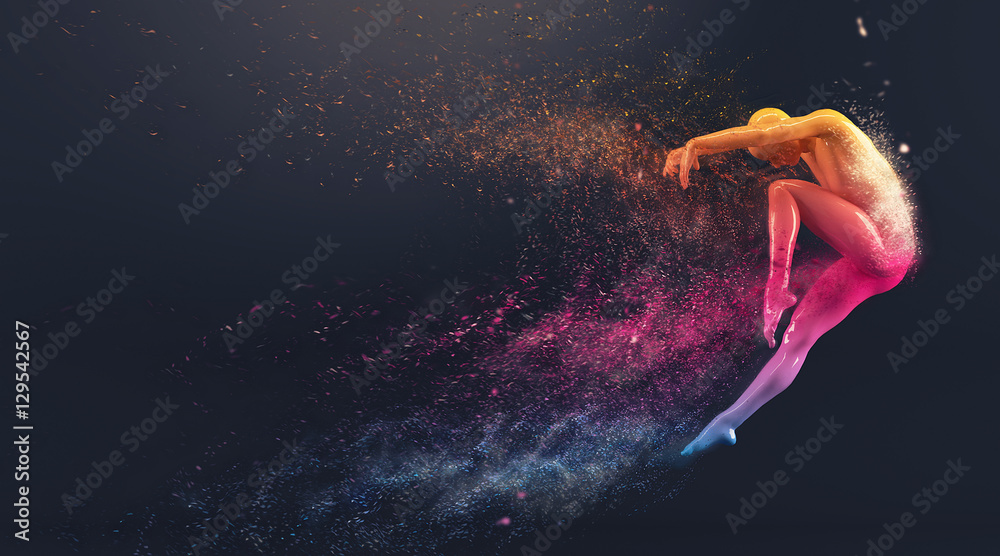 Abstract colorful plastic human body mannequin with scattering particles over black background. Action dance jump ballet pose. 3D rendering illustration