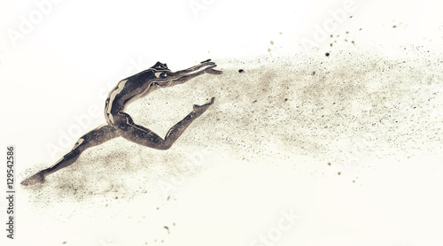 Abstract black plastic human body mannequin figure with scattering particles over white background. Action dance ballet pose. 3D rendering illustration