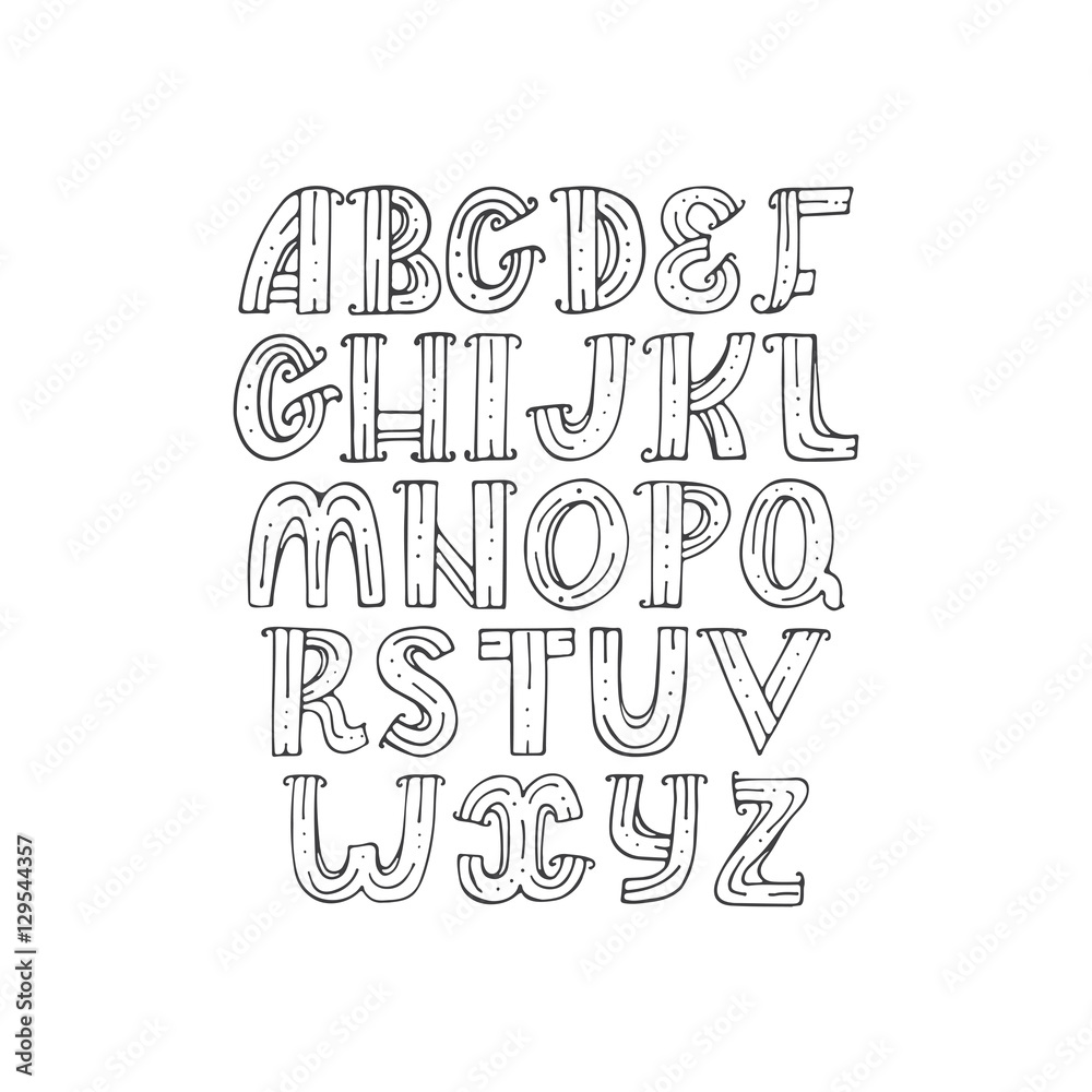 Hand drawn decorative alphabet in doodle creative stile, decorated with