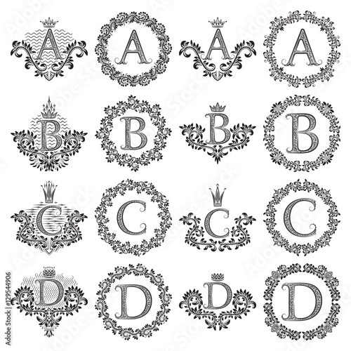 Vintage monograms set of letters A, B, C, D. Heraldic coats of arms, symbols in floral round and square frames.