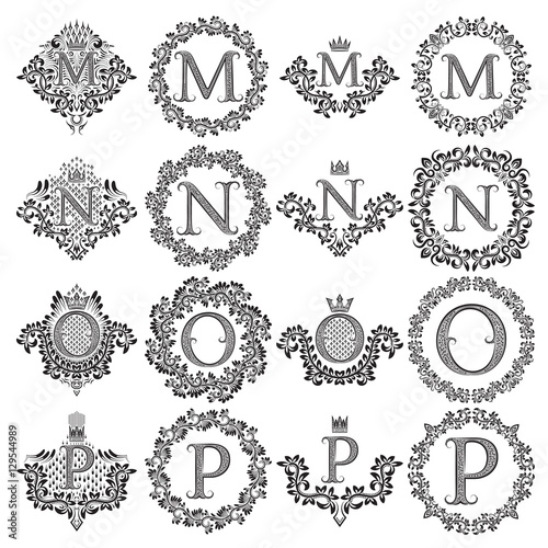 Vintage monograms set of letters M, N, O, P. Heraldic coats of arms, symbols in floral round and square frames.