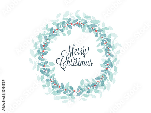 Christmas greetings card with green leaf and red holly jolly created with watercolor brushes effect