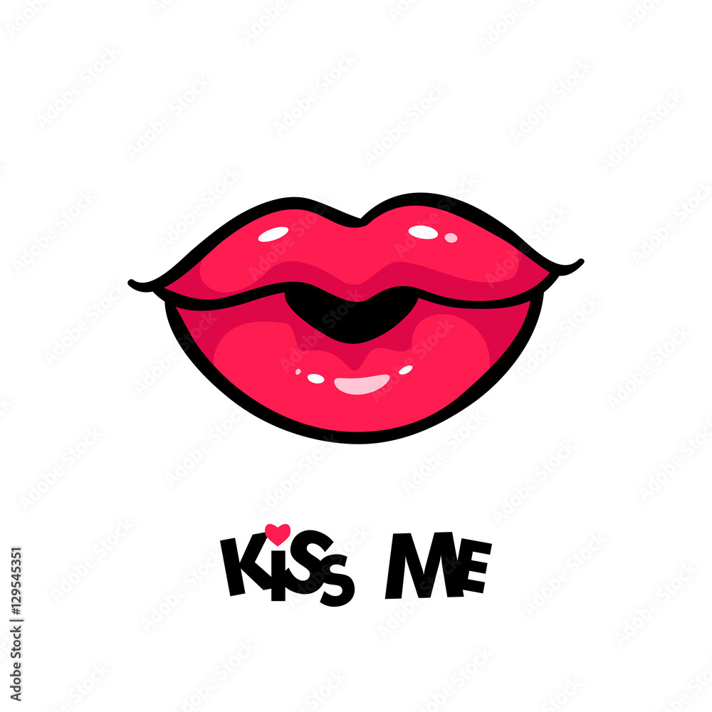 Vecteur Stock Sexy female mouth in form of kiss and kiss me lettering.  Vector comic illustration in pop art retro style isolated on white  background. | Adobe Stock