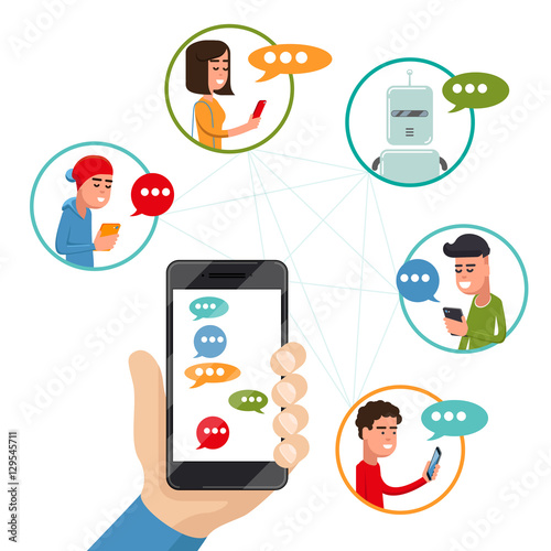 Teen friends chat on phone. Vector friendly discussing messaging smartphone in flat style