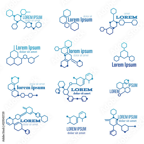 Molecule structure logo or biology model sign vector set