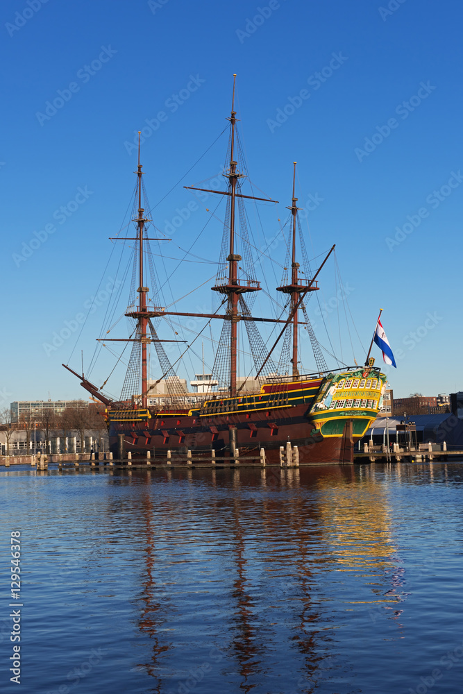The ship replica in front of the National Maritime Museum in Amsterdam, The Netherlands The ship replica in front of the National Maritime Museum in Amsterdam, The Netherlands