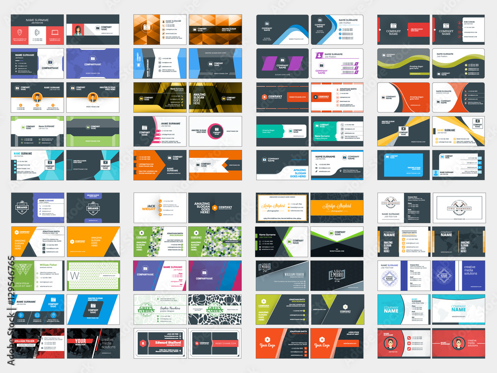 Collection of double sided business card vector templates. Stationery design vector set