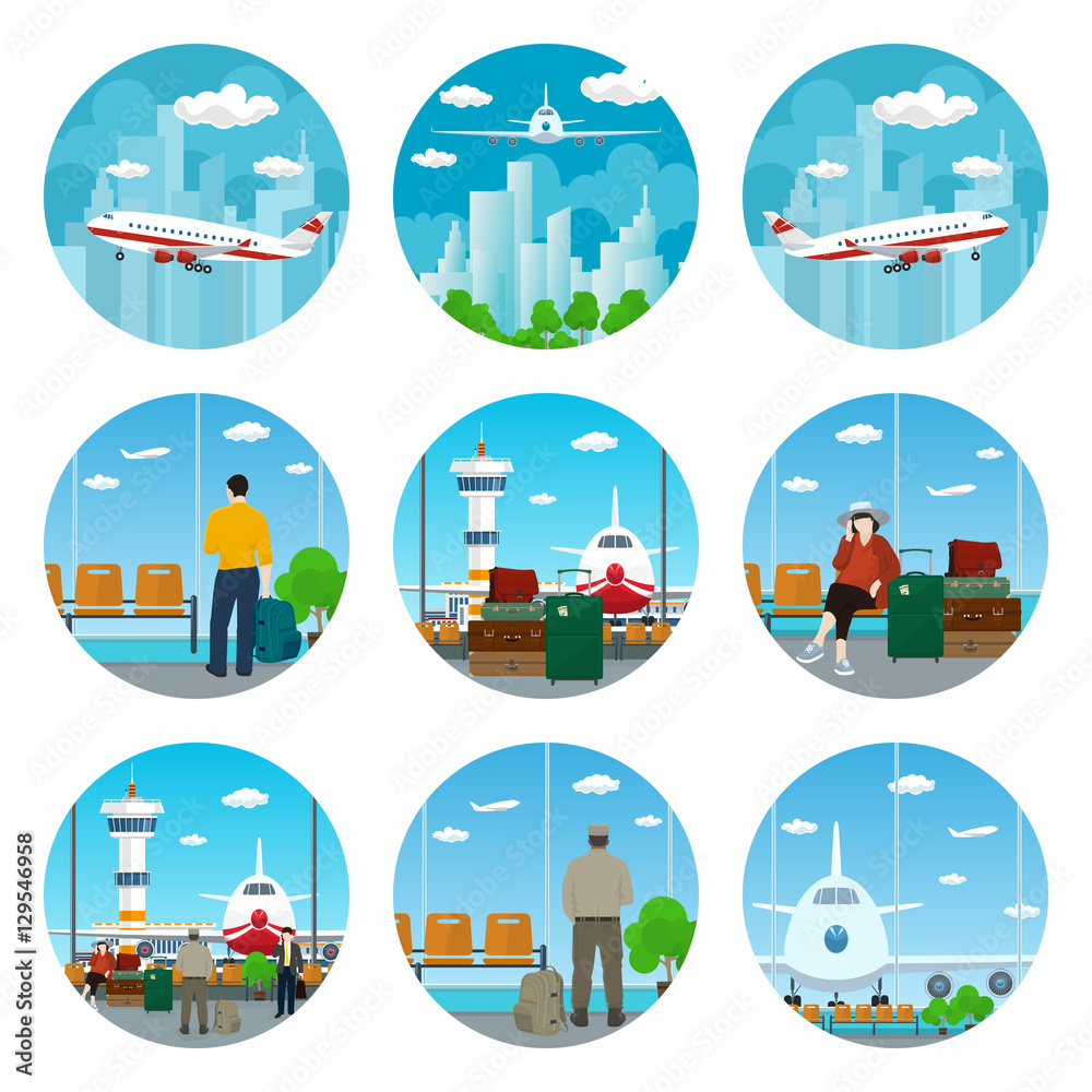 Set of Airport Icons,View on Airplane and Control Tower through the Window from a Waiting Room with People,Airplane Flying in the Sky to the East and West,Luggage Bags,Airplane in the Sky,Vector