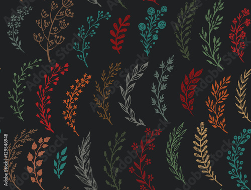 Seamless pattern with hand drawn leaves and branches.