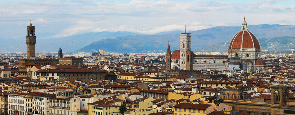 Panorama of Duomo Santa Maria Del Fiore and Old Palace in the morning from Piazzale Michelangelo in Florence, Tuscany, Italy