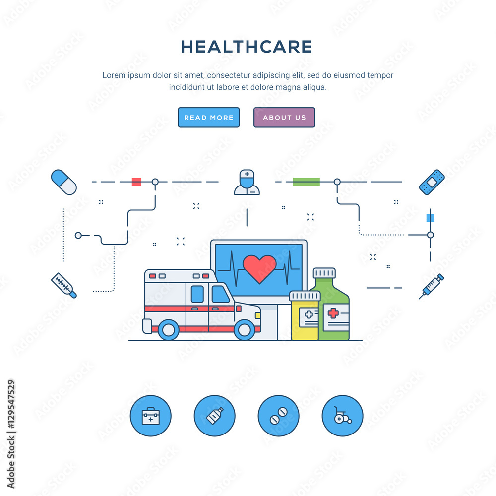 Healthcare. Flat line business website banner template. Modern thin line icons. Illustration concept for web banners and promotional materials. Healthcare. Flat line business website banner template. Modern thin line icons. Illustration concept for web banners and promotional materials.