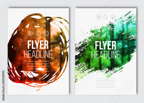 Flyer layout template. Vector brochure background with elements for magazine, cover, poster, layout design. Stain, blot, ink, watercolor with color effect.