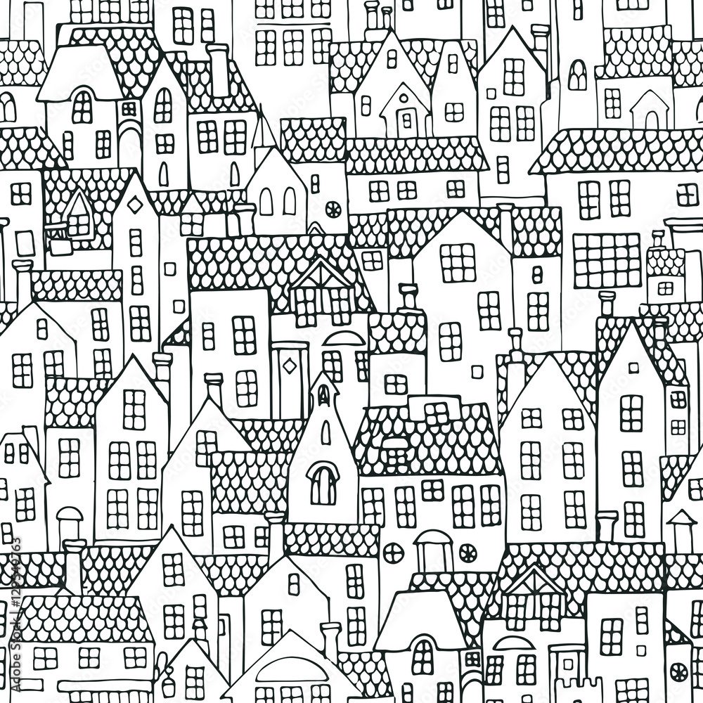 Seamless black and white pattern with houses Seamless black and white pattern with houses