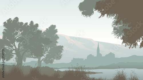 Horizontal illustration of lake with trees and village.