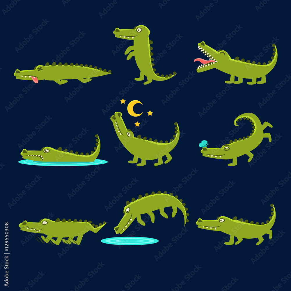 Obraz premium Smiling Friendly Crocodile Cartoon Character And Its Everyday Wild Animal Activities Set Of Illustrations