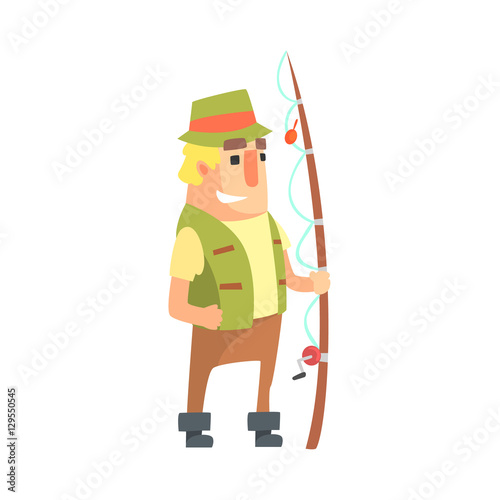 Happy Amateur Fisherman In Khaki Clothes Standing With Fishing Rod Cartoon Vector Character And His Hobby Illustration