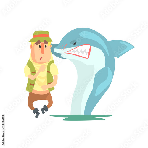 Scared Amateur Fisherman In Khaki Clothes Meeting A Shark Cartoon Vector Character And His Hobby Illustration