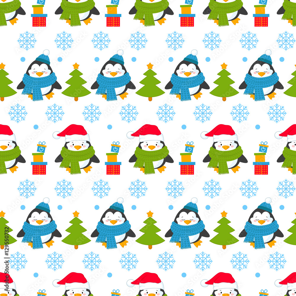 Seamless pattern of penguins in different situations. Background with new year and Christmas cartoon penguins. Vector illustration Seamless pattern of penguins in different situations. Background with new year and Christmas cartoon penguins. Vector illustration