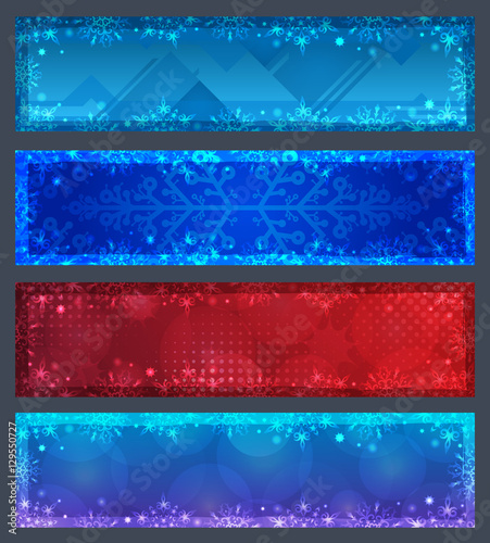 Set of four colored christmas banners with space for text. Winter background with snowflakes