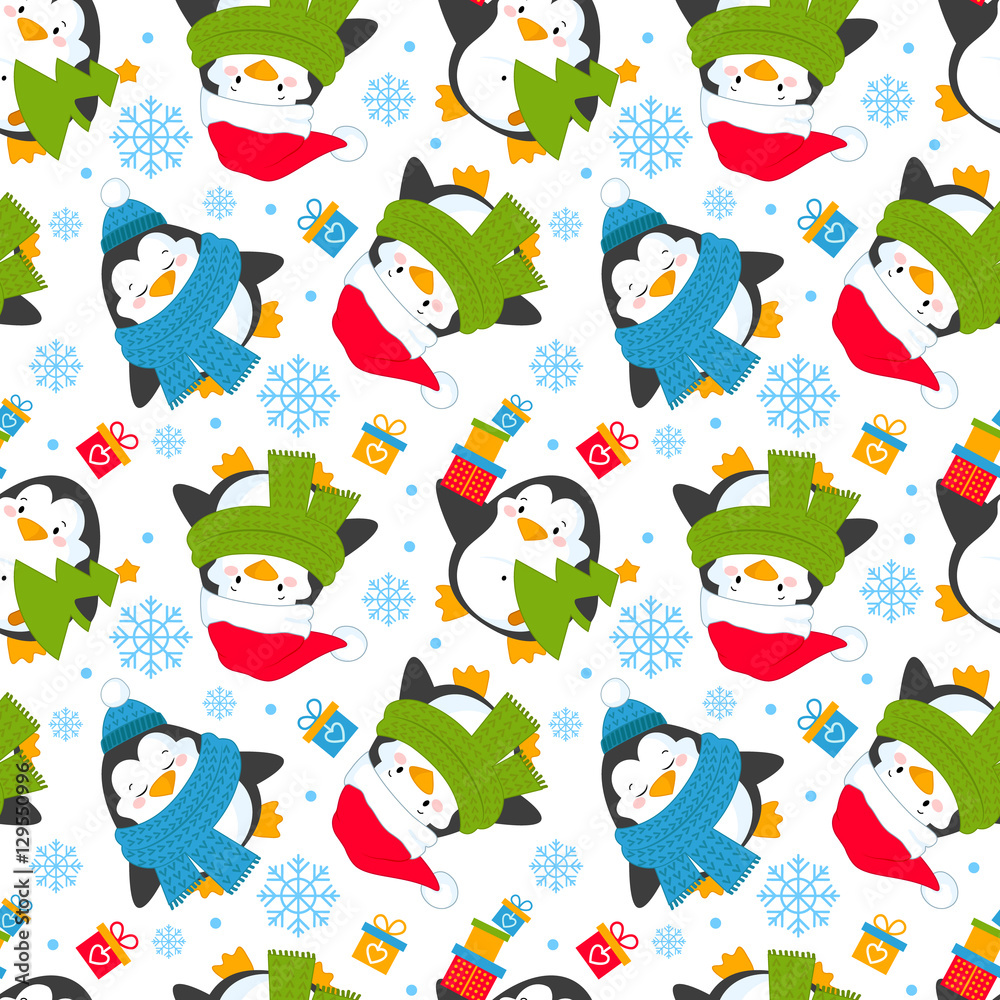 Fototapeta premium Seamless pattern of penguins in different situations. Background with new year and Christmas cartoon penguins. Vector illustration