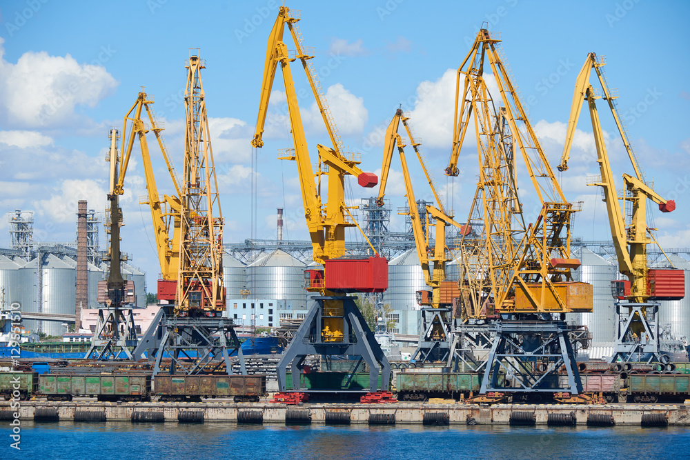 industrial sea port and cranes, railways, warehouses