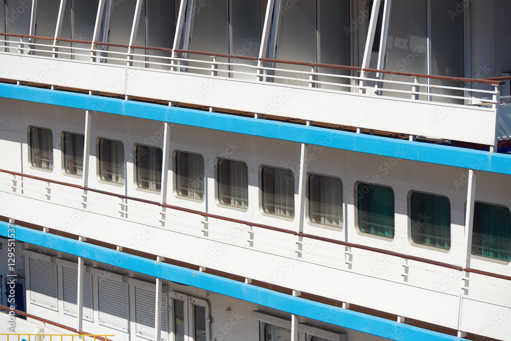 cruise ship side view closeup as background, window and balcony
