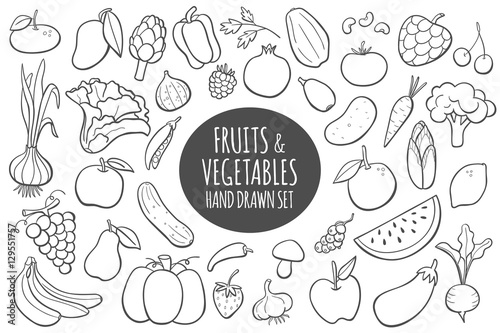 Fruits and vegetables doodle set. Hand drawn vector illustration.