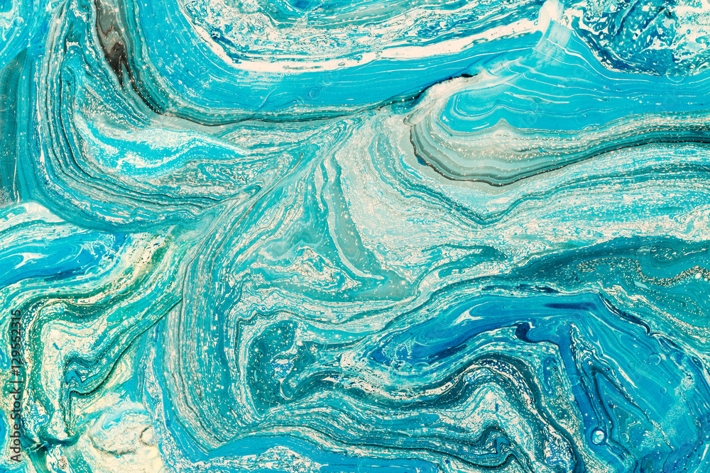 Blue marbling texture. Creative background with abstract oil painted waves, handmade surface. Liquid paint.