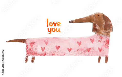Dachshund in suit with hearts. Hand drawing illustration