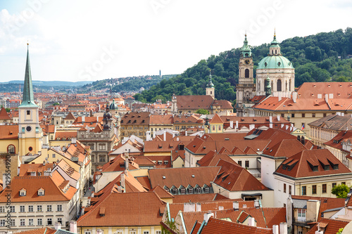 St. Nicholas church and and roofs of Prague, an aerial view