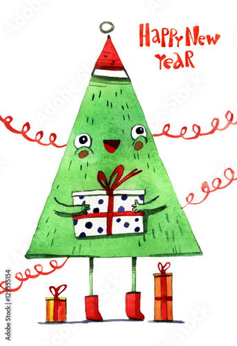 Cheerful hand drawn watercolor cartoon Christmas tree, isolated on white background.