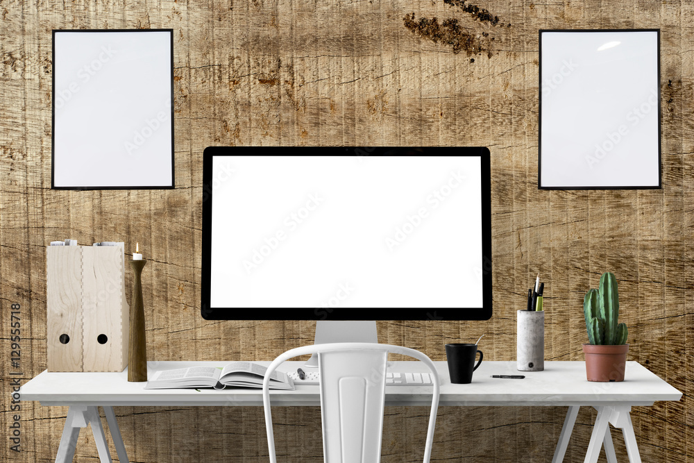 Moderne Arbeitsplatz - Schreibtisch mit großem PC-Bildschirm und Dekoration  - leere Bilderrahmen - Textfreiraum Stock-Illustration | Adobe Stock