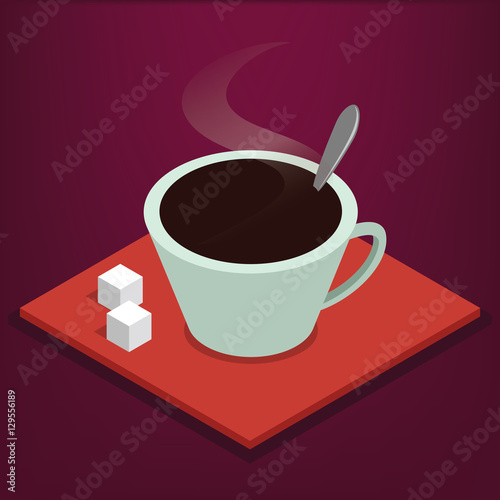 Hot coffe cup with sugar. Isometric illustration for your food design.