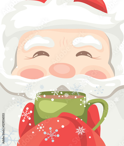 Banner -- Santa warms / Vector christmas illustration, Santa drinking a hot drink