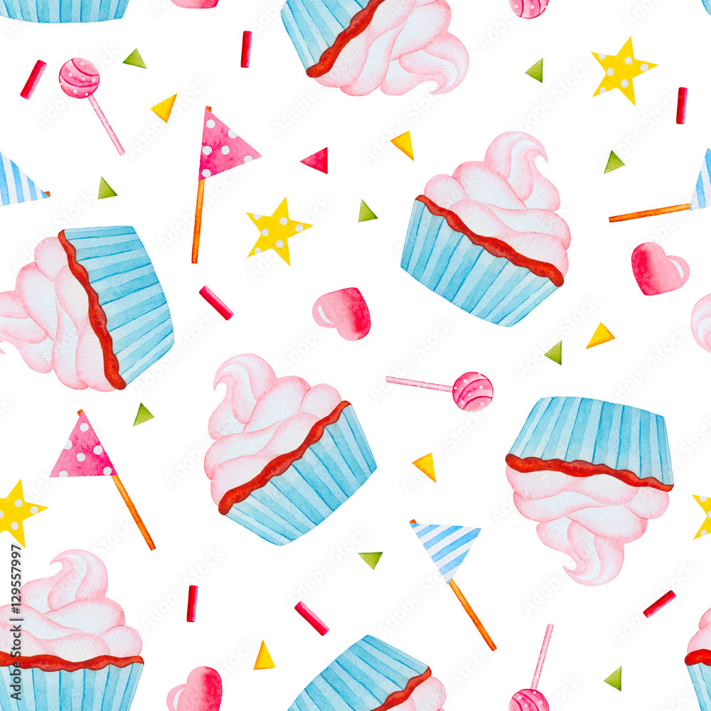 Seamless background with festive cupcakes